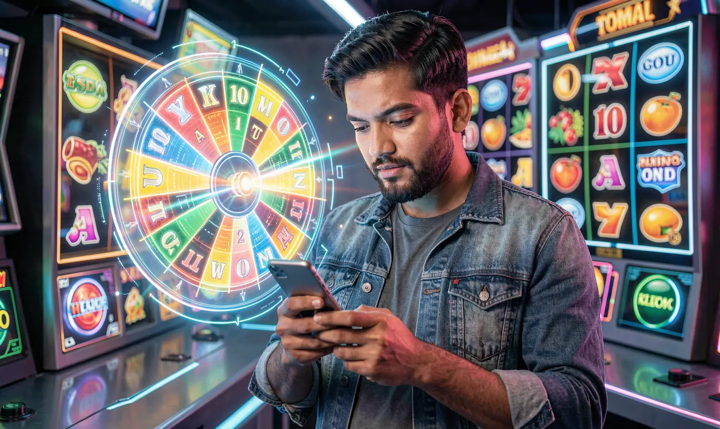 Confident Bangladeshi player using the 27OK casino app with a glowing digital roulette wheel symbolizing modern mobile gaming