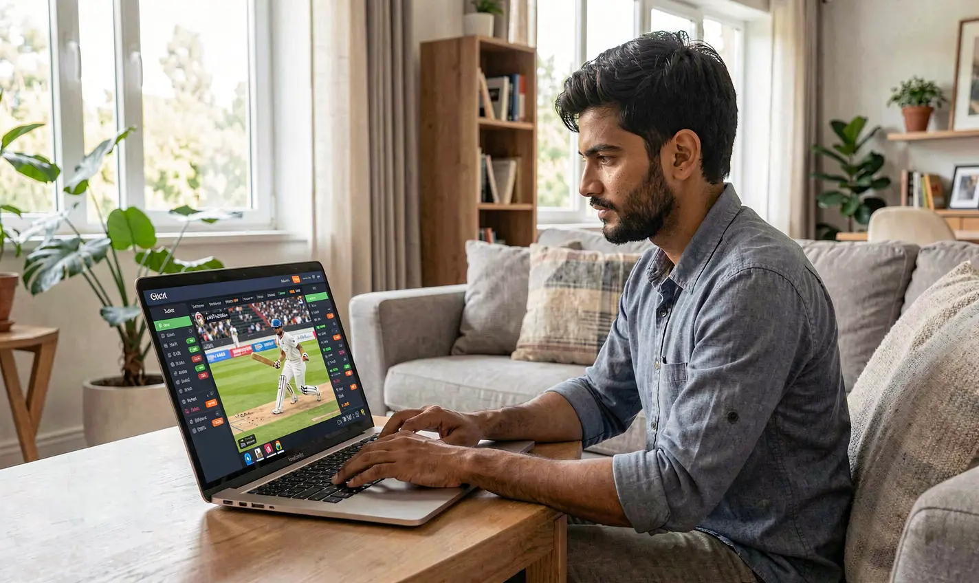 Focused Bangladeshi player analyzing live cricket betting odds on a laptop using the 27OK betting platform in a modern home setting