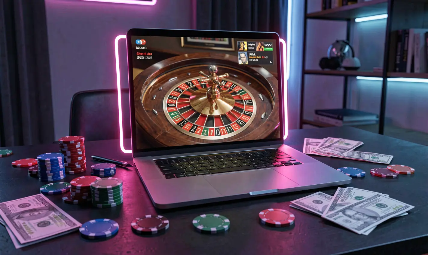 High definition 3D render of an online roulette game on a laptop surrounded by casino chips and cash with neon lighting representing premium gaming at 27OK