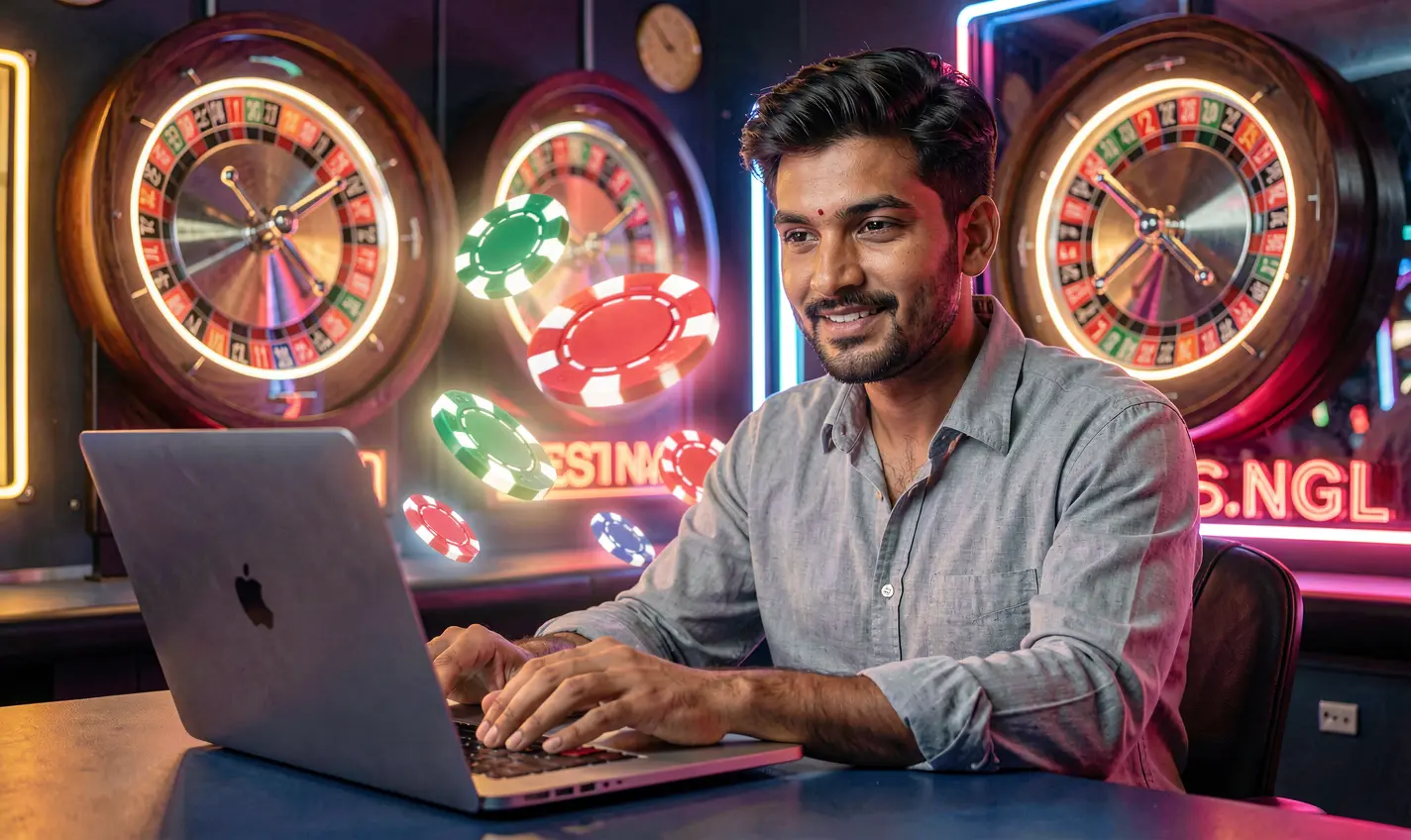 Confident Bangladeshi player immersed in online casino gameplay with glowing chips and roulette elements while using 27OK games platform