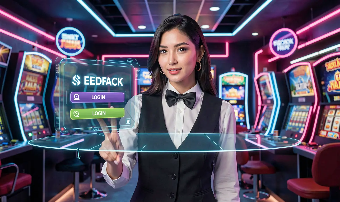 Elegant Bangladeshi casino dealer pointing at a virtual login button with neon casino lights around on the 27OK platform
