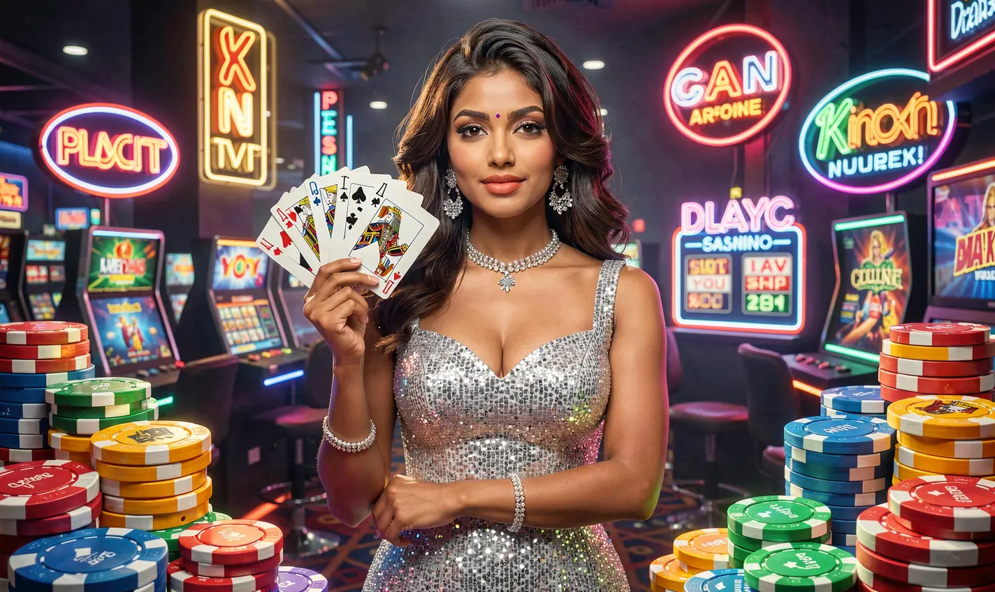 Elegant casino atmosphere with a glamorous woman holding playing cards and stacked chips showcasing the premium gaming experience of 27OK Casino in Bangladesh
