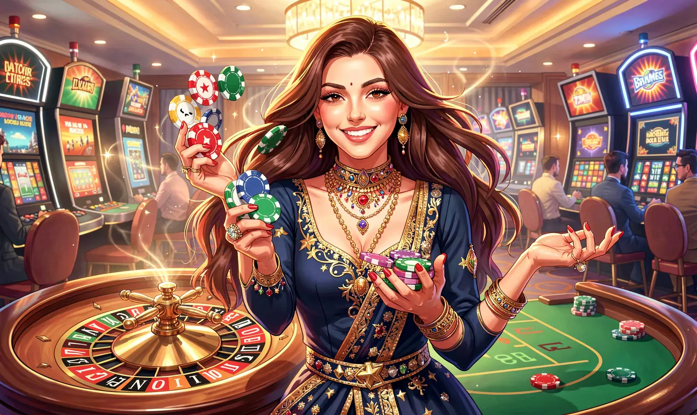 Stylish casino hostess holding poker chips with a vibrant roulette background highlighting the exciting live casino environment at 27OK for players in Bangladesh