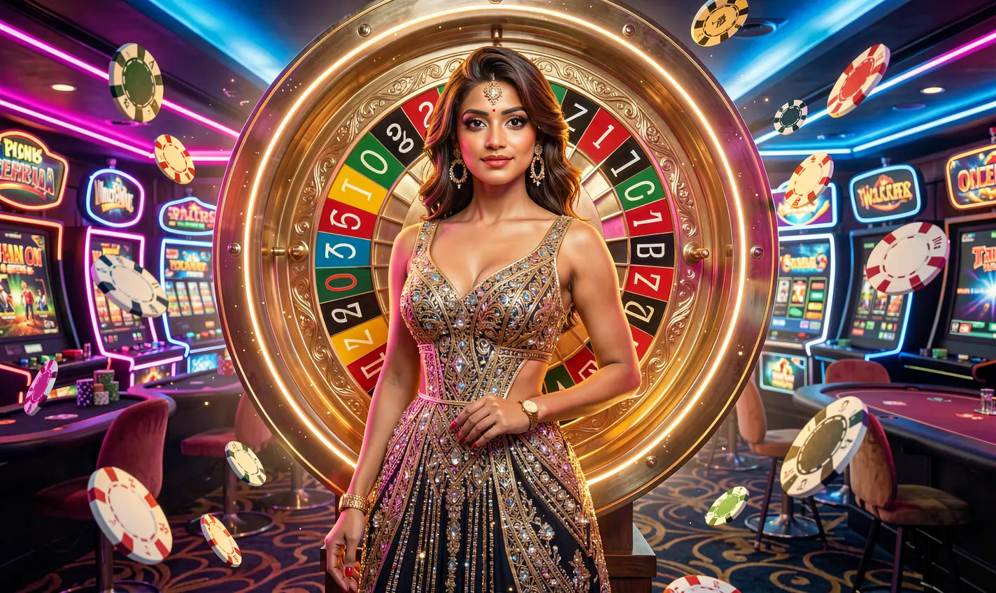 Stylish casino woman in a sparkling dress standing before a glowing roulette wheel with flying chips highlighting the premium gaming atmosphere of 27OK Casino in Bangladesh
