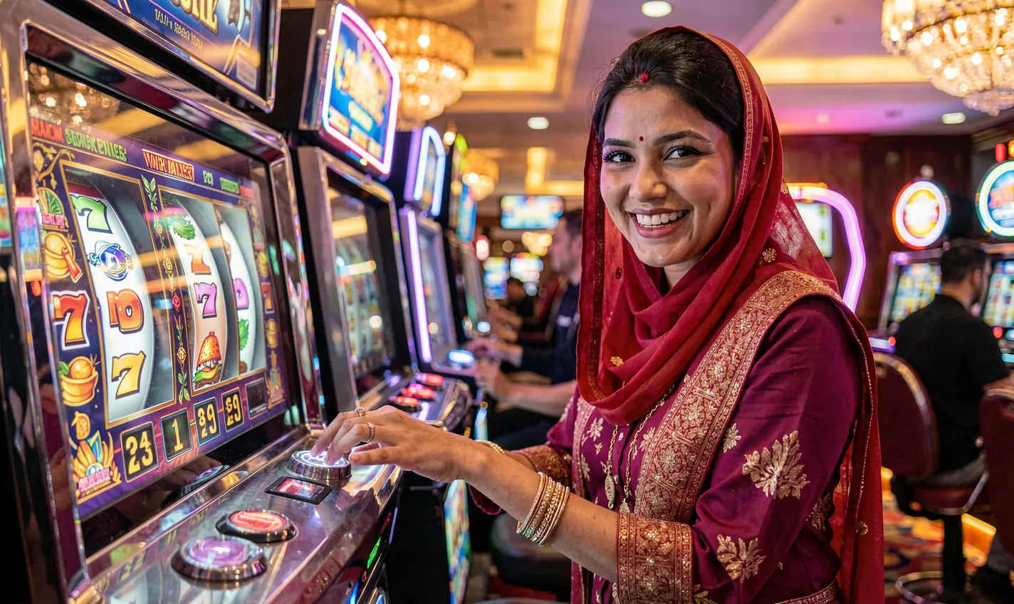 Happy casino player smiling while playing modern slot machines with vibrant lights and reels at 27OK casino in Bangladesh